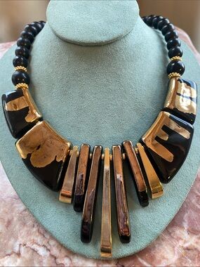 Vintage Black and Gold Elegant Black & Gold Statement Necklace- Mid- Century Bib